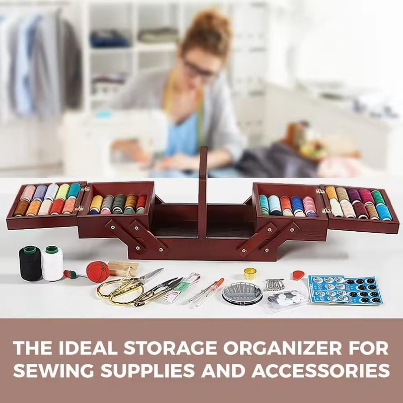 EFFNILIM 1pcs Wooden Expandable Sewing Box Sewing Kit Storage Box with Handle, Embroidery Kit Wooden Sewing Basket - Image 5